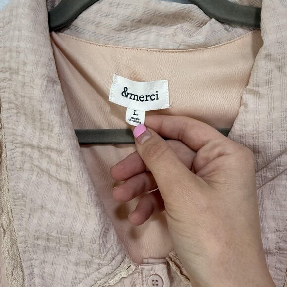 &merci Shirt Womens Large Beige Puff Sleeve Button-Up Collared Basic Polyester - Picture 5 of 9